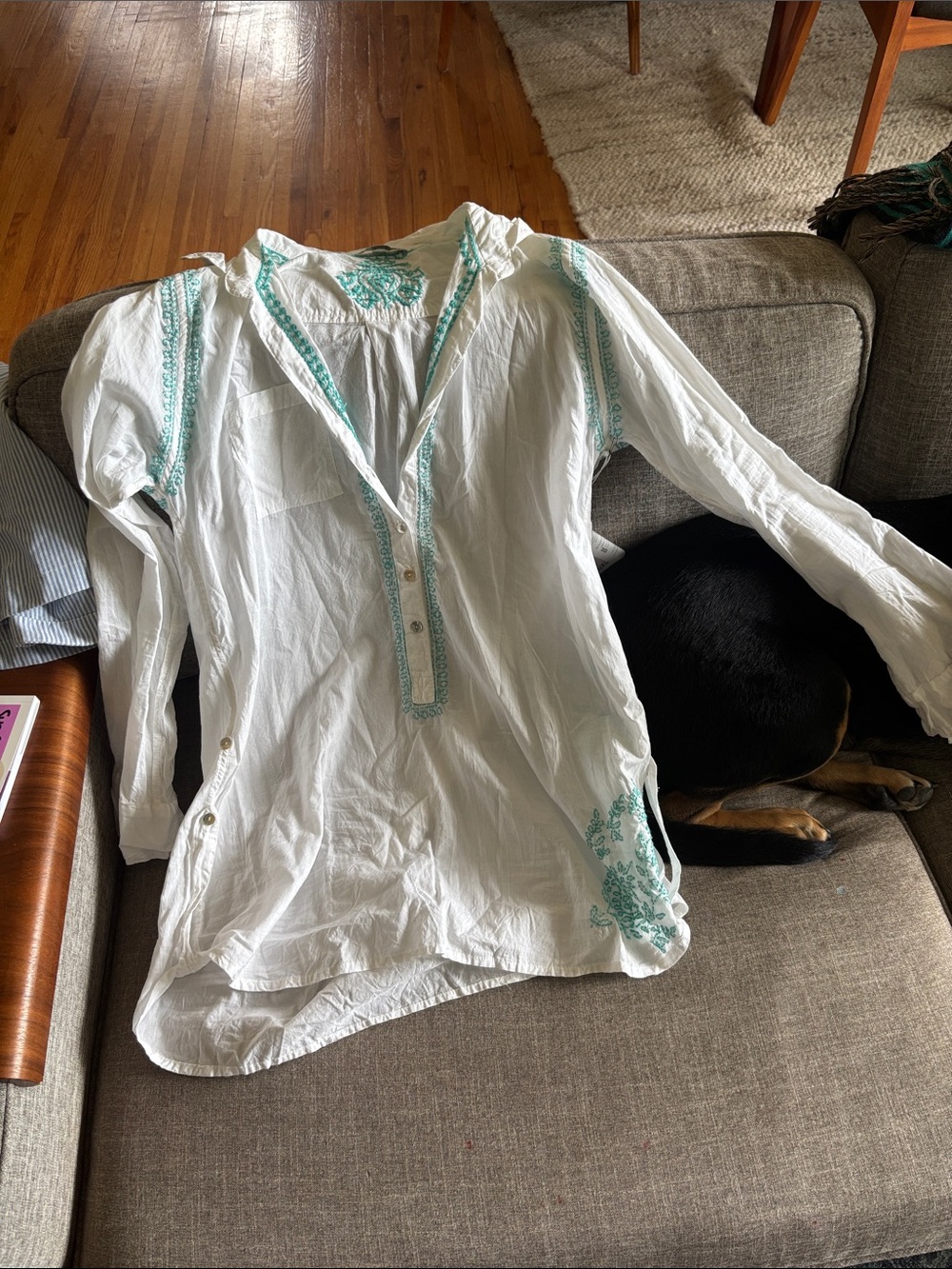 Subtle Luxury White Tunic Top with Teal Embroidery